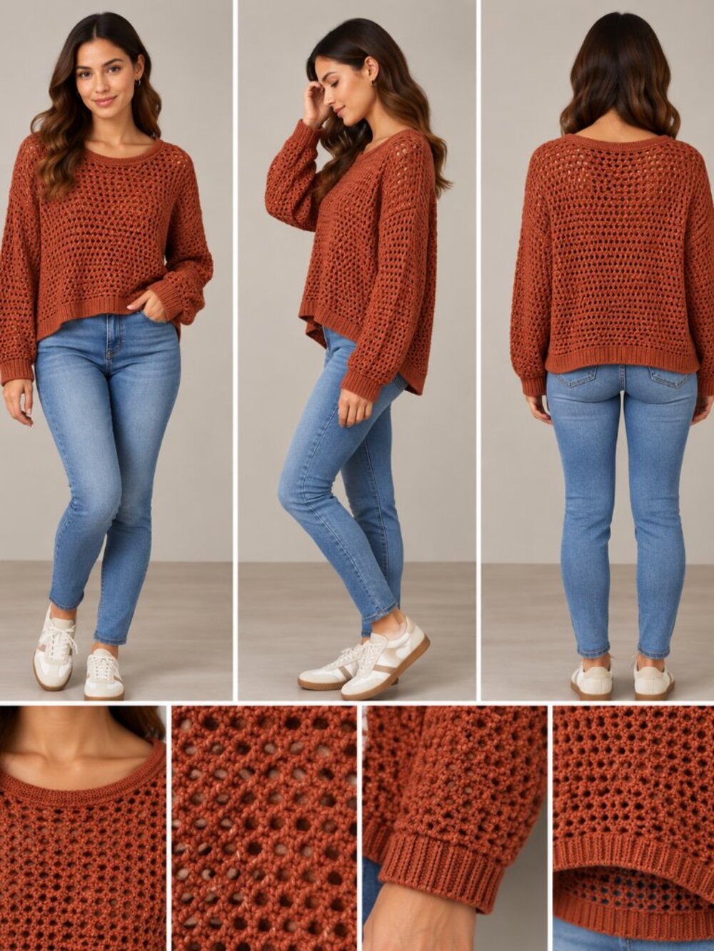 LOFT Brown Open Knit Crochet Crewneck Sweater Size S